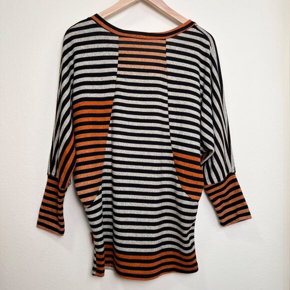PATTERN Brown Orange & Oatmeal Striped V-Neck Dolman 3/4 Sleeve Top w/Pockets L - Picture 8 of 11